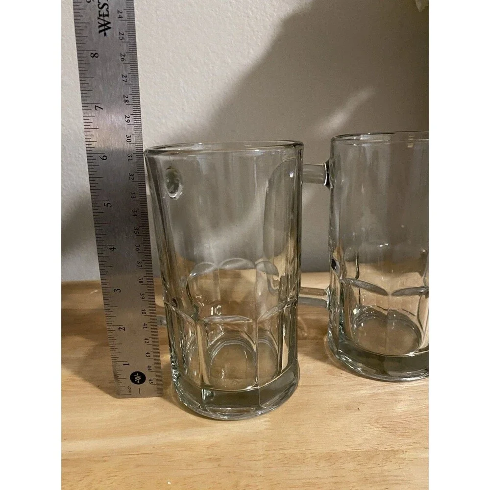 Vintage 2 ANCHOR HOCKING Beer Stein Mug Clear Glass Large HEAVY 8